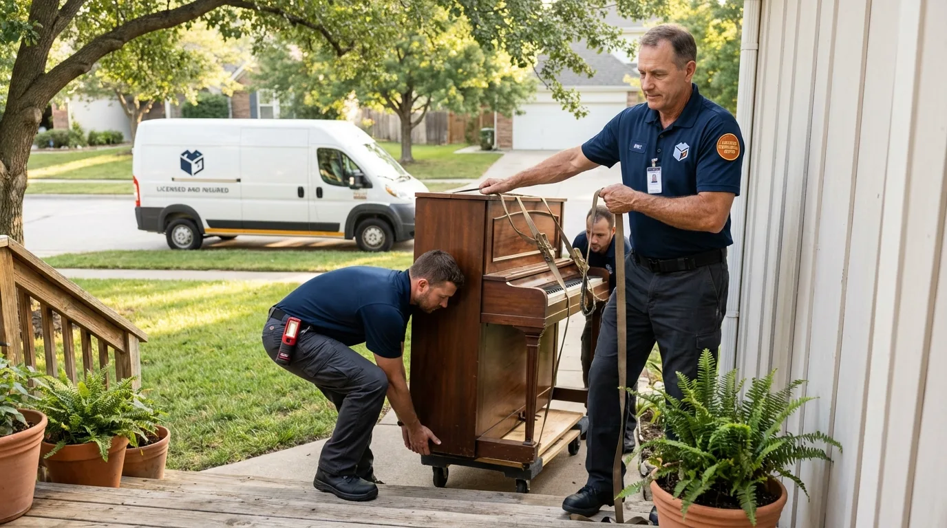 Licensed piano movers securing grand piano in Greenville, MO