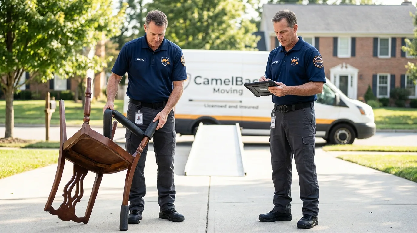 Movers inspecting furniture for damage prevention before loading in Greenville, MO